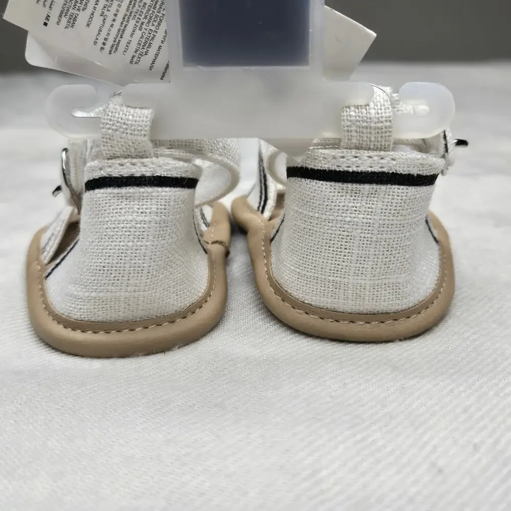 NWT BABY GAP White w/ Black Stripes and Tan Linen Sandals Size 3-6mo